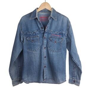 Vintage Bootleg Levi's Denim Shirt Large Distressed Fringe Spellout 90s Grunge